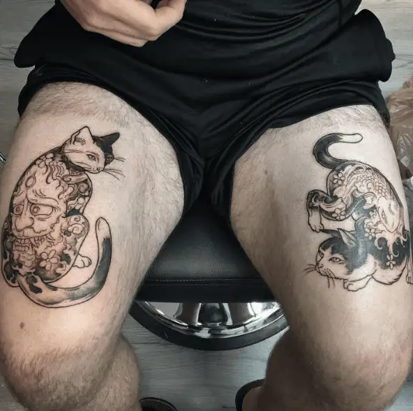 Japanese Kitties Thigh Tattoo