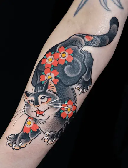 Flowers Printed Grey Monmon Cat Tattoo