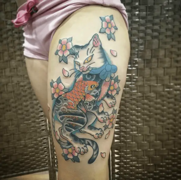 Flowers and Fish Combined Japanese Cat Tattoo