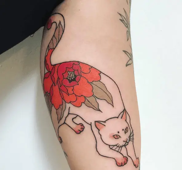 Orange Floral Printed Monmon Cat Tattoo