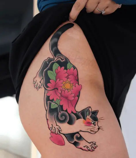 Pink Florals Print Monmon Cat Tattoo