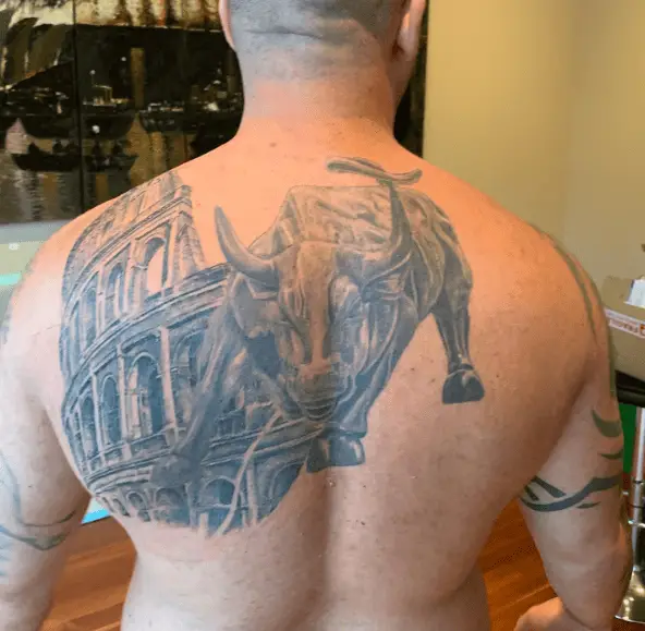 Bull and Colosseum Back Tattoo