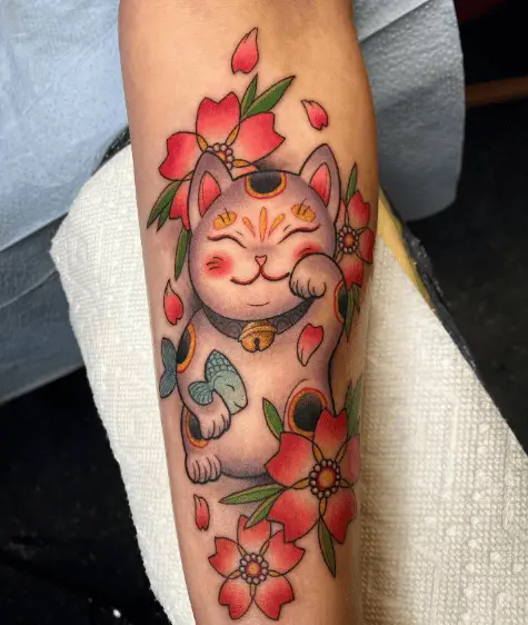 Maneki Neko Cat with Flowers Forearm Tattoo