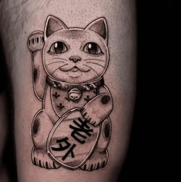 Greyscale Maneki Neko Fortune Cat Tattoo