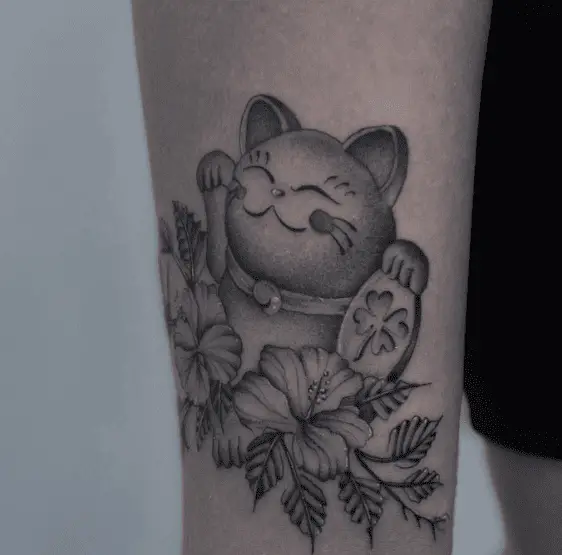 Shamrock Plants and Maneki Neko Lucky Kitty Tattoo