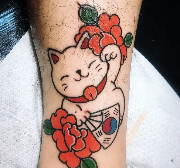 Orange Florals and  Maneki Neko Kitty Tattoo