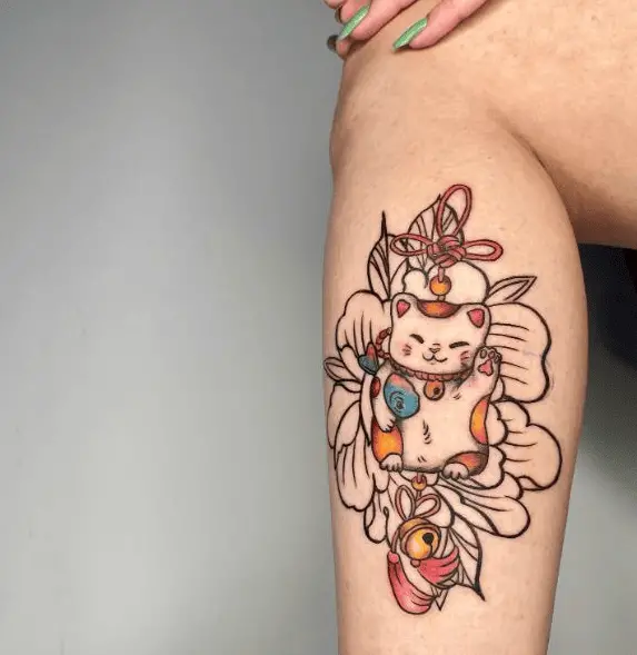 Black Line Flower and Maneki Neko Kitty Tattoo