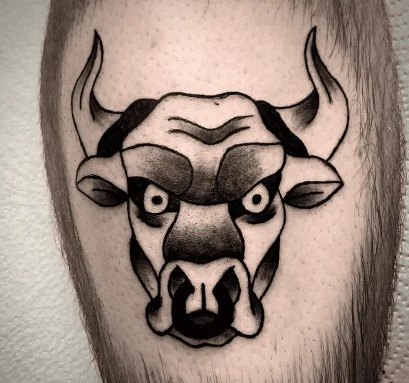 Black and White Traditional Bull Head Tattoo