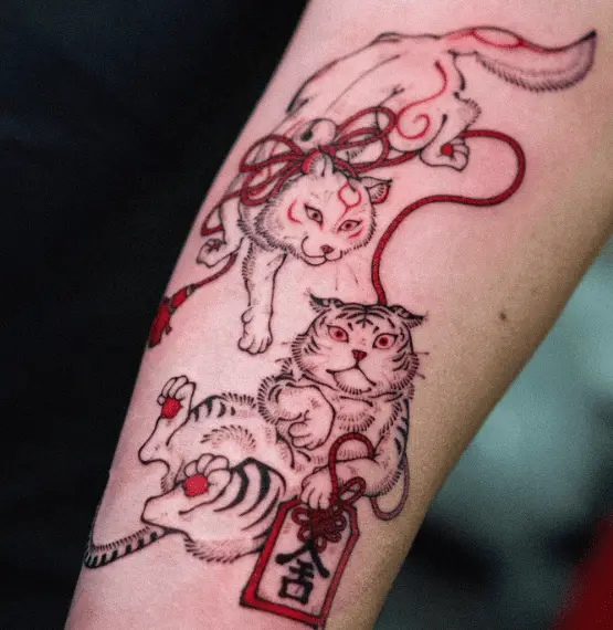 Omamori Cats with Red Thread Tattoo