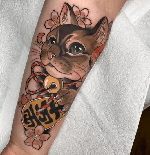Brown Colored Cat with Florals and Tag Tattoo