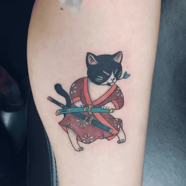 Warrior Black Cat with Sword Tattoo