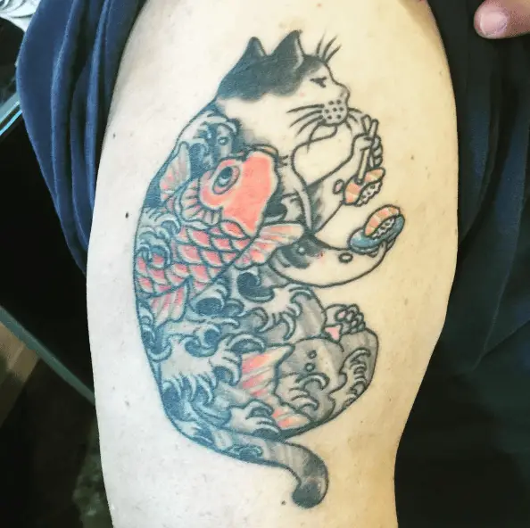 Grey Cat Eating Sushi Tattoo Piece