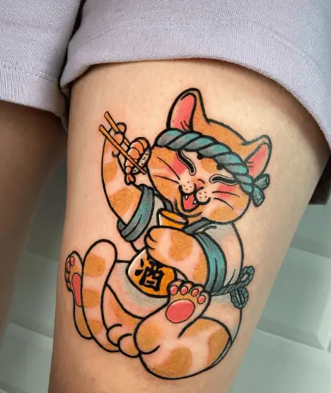 Ginger Cat Having Shrimps Tattoo