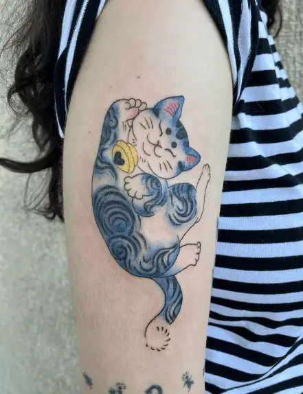 Blue Colored Japanese Cat Tattoo