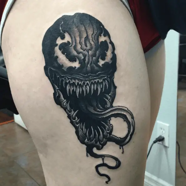Black Ink Venom Thigh Tattoo