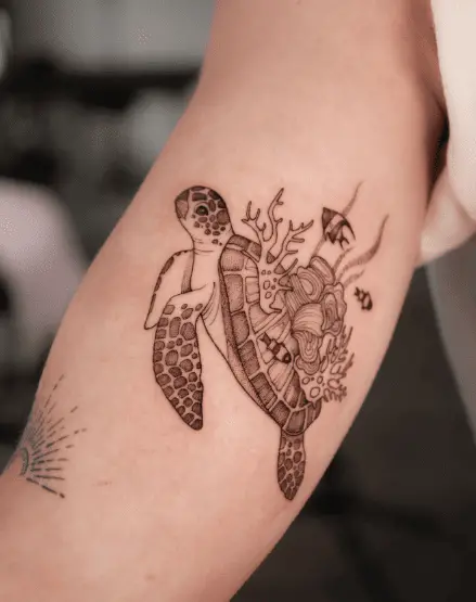 Coral Reef Sea Turtle Arm Tattoo