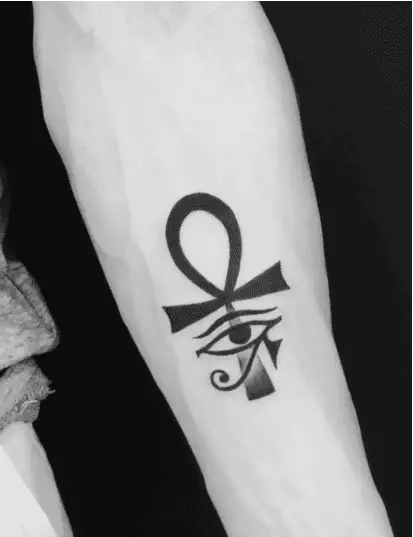 Black Ink Eye of Horus With Ankh Egyptian Cross Arm Tattoo