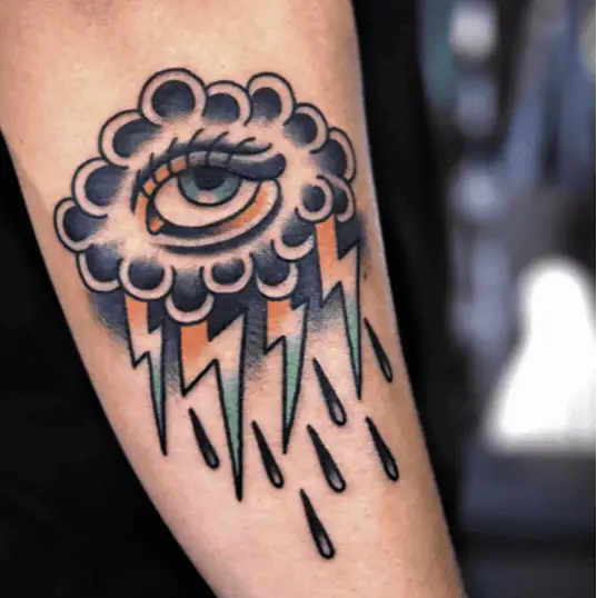 Colored Rain Cloud Eyes With Thunder Arm Tattoo