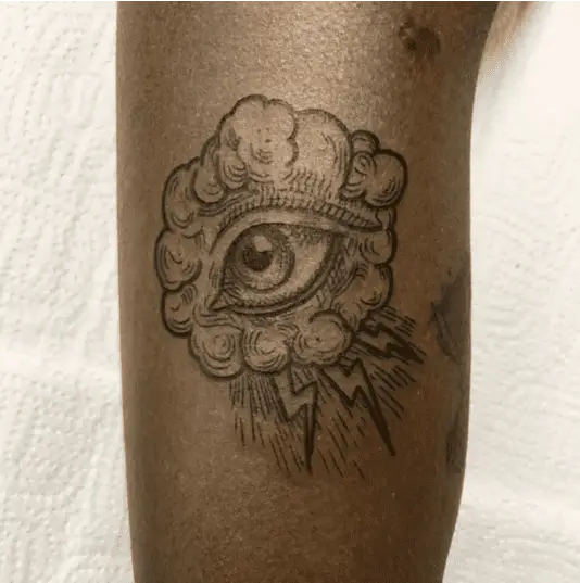 Line Art Storm Cloud Eye Leg Tattoo