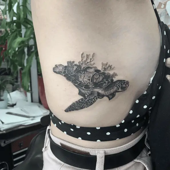 Black and Grey Coral Reef Turtle Tattoo