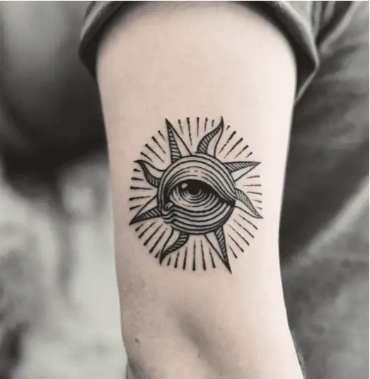 Line Art Eye Sun Upper Arm Tattoo
