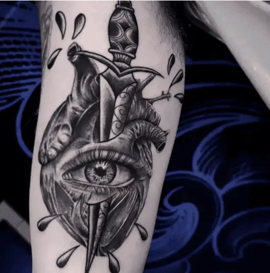 Realistic Eye Human Heart and Dagger Arm Tattoo