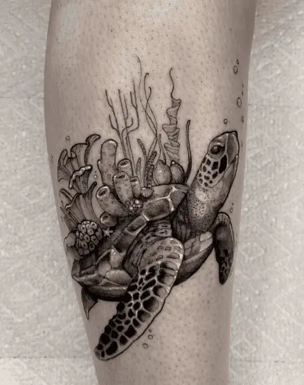 Coral Reef Turtle with Bubbles Tattoo