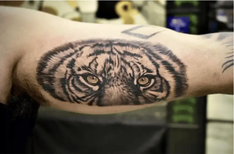 Realistic Tiger Eyes Upper Arm Tattoo