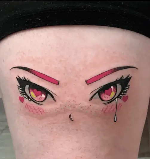 Pink Woman Fierce Anime Eyes Thigh Tattoo