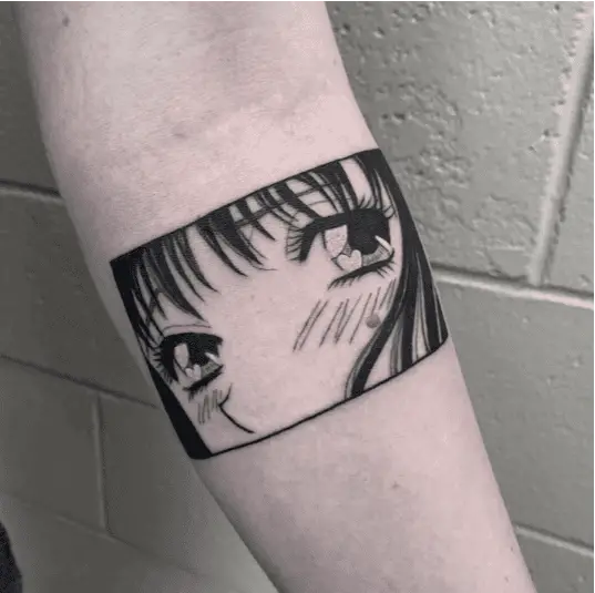 Black Ink Anime Girl Eyes Arm Tattoo