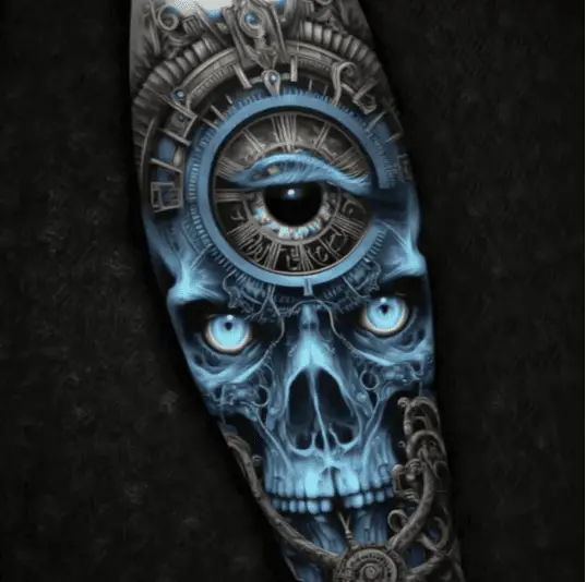 Colored Realistic Eye in Blue Skull Leg Tattoo