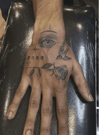 Dot Work Eye With Random Design Hand Tattoo