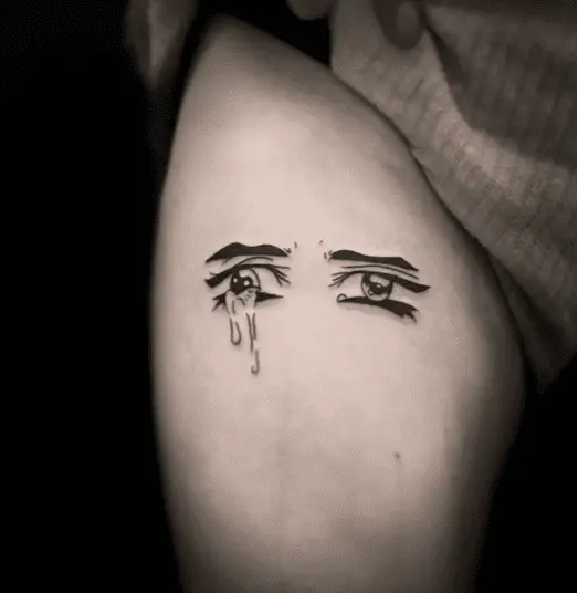 Black Work Anime Crying Eyes Thigh Tattoo