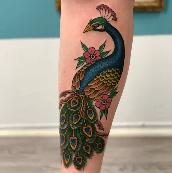 Traditional Peacock with Pink Florals Tattoo