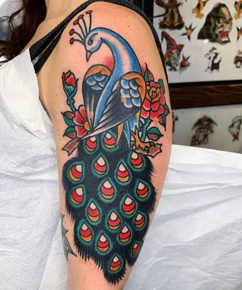 Blue Traditional Peacock with Flowers Tattoo