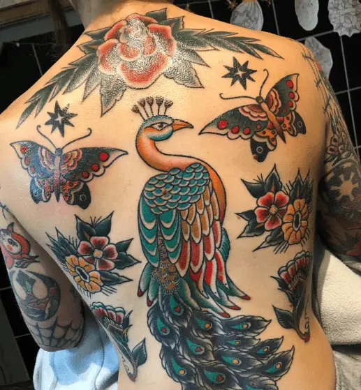 Peacock, Butterflies and Flowers Back Tattoo