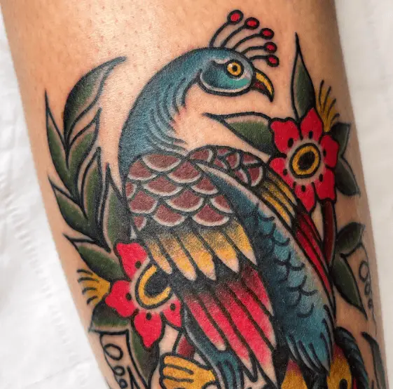 Multicolored Traditional Peacock Tattoo