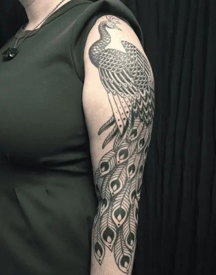 Greyscale Peacock Full Arm Tattoo Piece