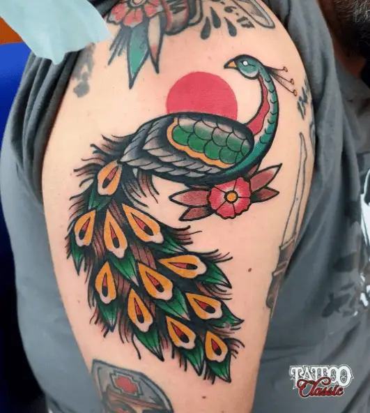 Traditional Peacock Tattoo with Sun and Flowers Arm Tattoo