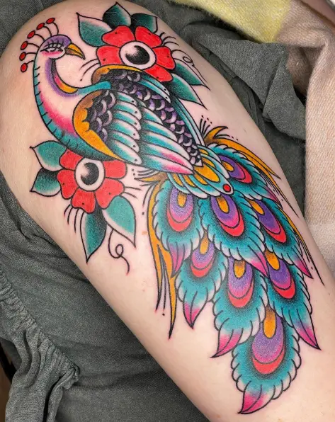 Vibrant Mix of Colors Peacock with Flowers Tattoo