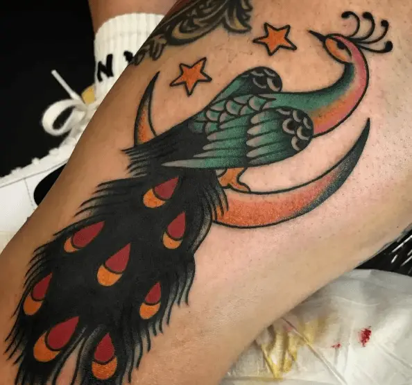 Black Feather Peacock with Moon and Star Tattoo