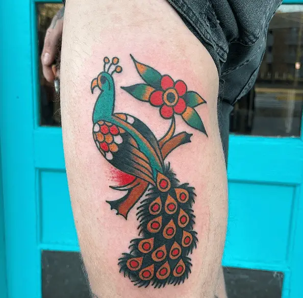 Traditional Style Bright Colored Peacock Tattoo