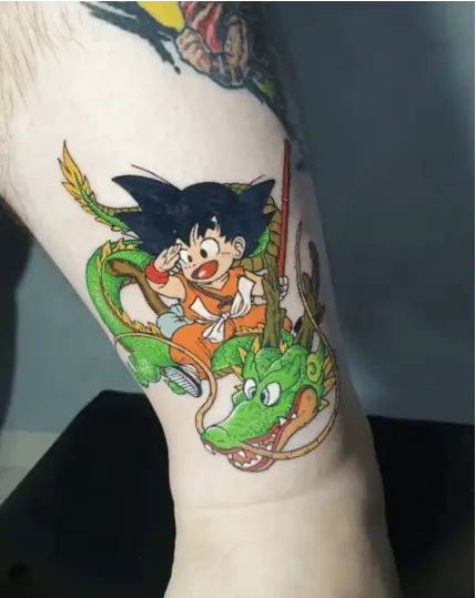 Colored Kid Son Goku Riding a Dragon Ankle Tattoo