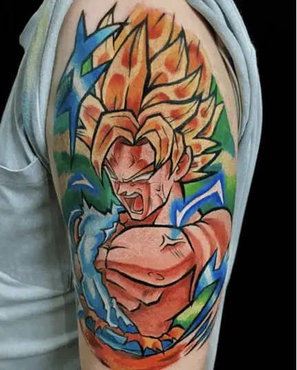 Colorful Son Goku in Ultra Super Saiyan Mode Upper Arm Tattoo