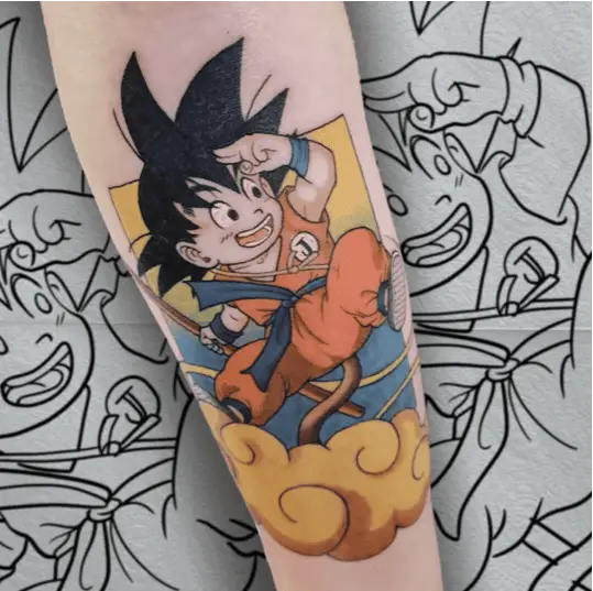 Colored Kid Son Goku Flying With Clouds Arm Tattoo