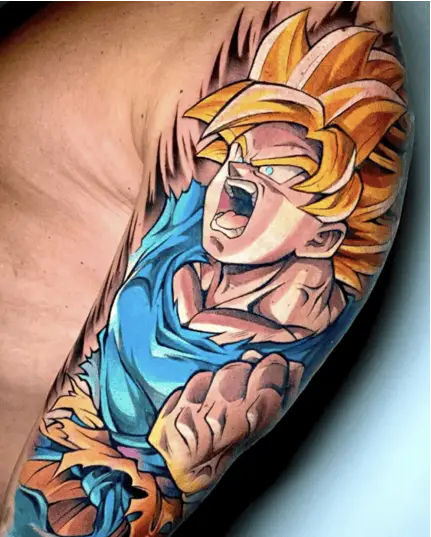 Colored Raging Son Goku Upper Arm Tattoo