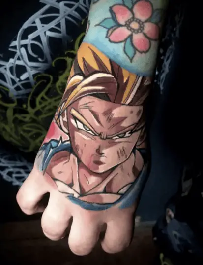 Colored Furious Blond Hair Son Goku Hand Tattoo