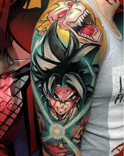Colored Graphic Son Goku Radiating Immense Power Upper Arm Tattoo