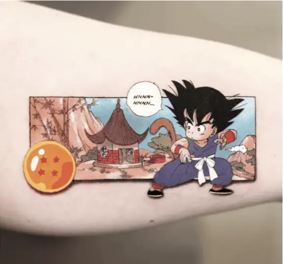 Colored Kid Son Goku on an Adventure Manga Panel Arm Tattoo