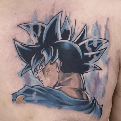 Colored Son Goku With Powerful Energy Chest Tattoo